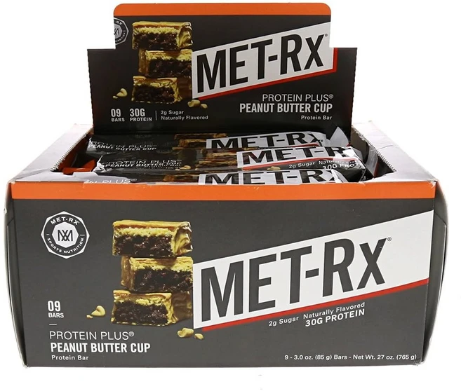 MET Rx 단백질 플러스 바 식사 대용 간식 및 텐 프리 버터 컵 비타민 A C 아연이 함유되어 85g 9개 - 쿠팡