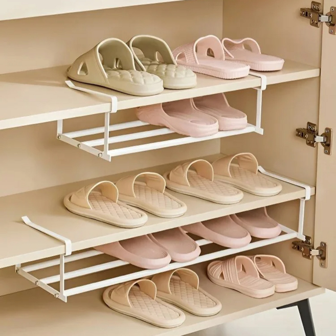 (1개-6개) 신축식걸이형 슈즈랙 스텐 다용도 수납 신발장 레이어드 신발장 스테인리스 벽걸이 선반 이중 수납공간, 화이트(1개)