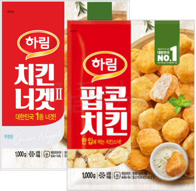 [하림] 프리미엄 치킨너겟 1kg + 팝콘치킨 1kg, 1세트, 2kg