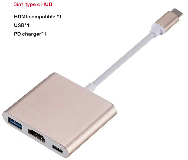 C타입 HDMI 호환 USB 3.0 VGA PD 어댑터 맥북 삼성 화웨이 샤오미 4K 멀티포트 어댑터 허브, < =0.5m, Gold 3 in 1, 1개