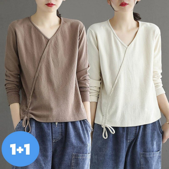 Makone 여성 브이넥 순면 긴팔 티셔츠 봄가을 캐주얼 패션 빈티지 측면 스트링 장식 엄마룩 1+1