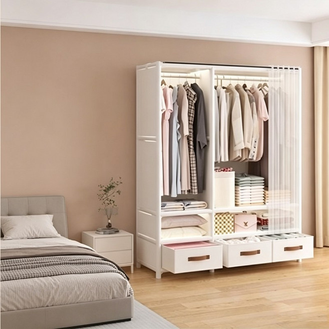 簡易衣櫃 家用臥室布衣櫃 帶抽屜收納櫃 掛衣架 開放式衣櫃, 【帶抽屜款】-雙排-星空白-衣櫃,限时活动价【多层大容量】