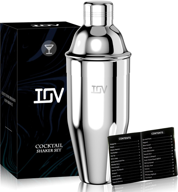 IOV Cocktail Shaker 24 oz Martini Shaker Drink Mixer with Built-in Strainer Professional Stain, 1개, 은