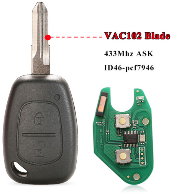 Jingyuqin 2 버튼 자동차 원격 키 433mhz id46 칩 송신기 르노 트래픽 마스터 vivaro movano kangoo ne73 vac102 블레이드, VAC102 Blade, VAC102 Blade, 1개