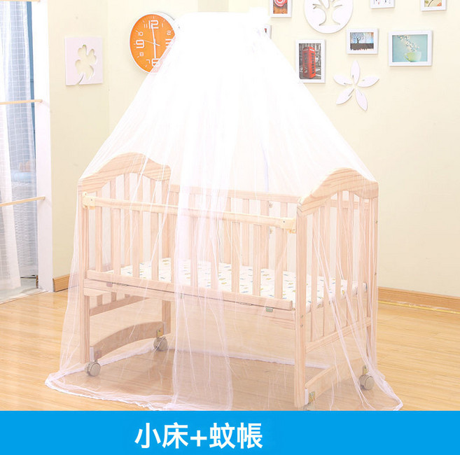 實木嬰兒牀新生兒實木無漆環保寶寶牀搖籃牀可移動變書桌拼接大牀, 牀+蚊帳-優質