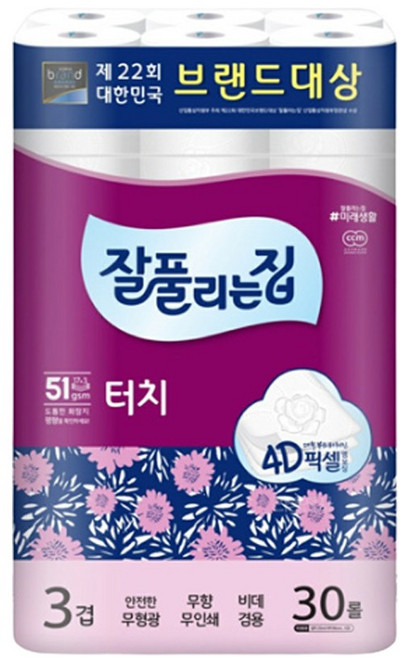 잘풀리는집 깨끗한 3겹데코 터치 25M 30롤 롤화장지 고급롤화장지(3겹이상) 25m, 30개입, 1개