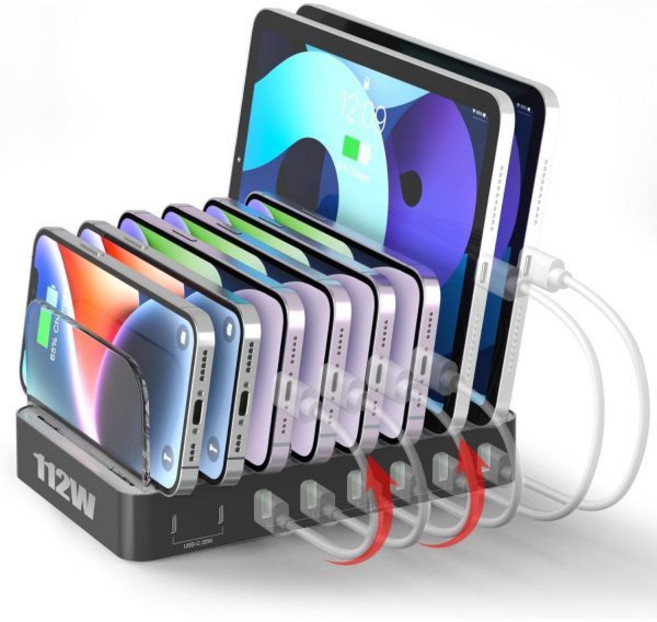 USB 허브 멀티포트 유니텍 멀티 충전 스테이션 8포트 C 충전기 도크 2개 PD 20W 포함 아이패드 아이폰 삼성 태블릿 등 다양 기기 정리함, White, White