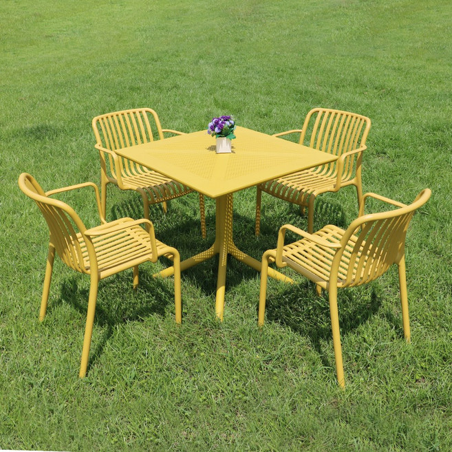 체어센스 카프리 테이블 800 사각 + 루나 암체어 4인 세트 야외 의자 카페 플라스틱 정원 테라스, 카프리800사각 머스타드, 루나암 머스타드 4개