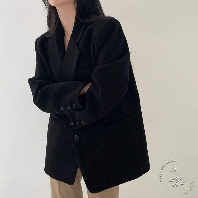 예쁨시전 더블 모직 오버핏 솔리드 정장 코트 자켓