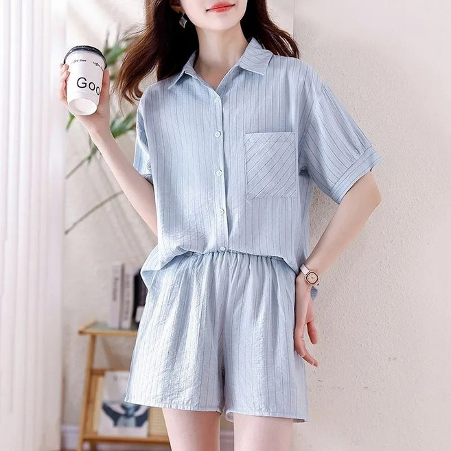 Kingfishe 여성 여름 캐주얼 투피스 반팔 셔츠 반바지 세트 사은품랜덤발송 cong717Qp10