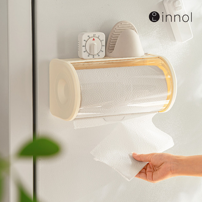 이놀 무타공 오염방지 키친 타올 걸이 거치대 디스펜서 휴지걸이 젖음방지, 1개, 베이지 [EX243]