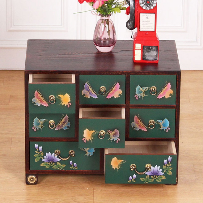 다한수제고가구 오동 나비 약장 (그린) 원목 엔틱 인테리어 서랍장 고가구