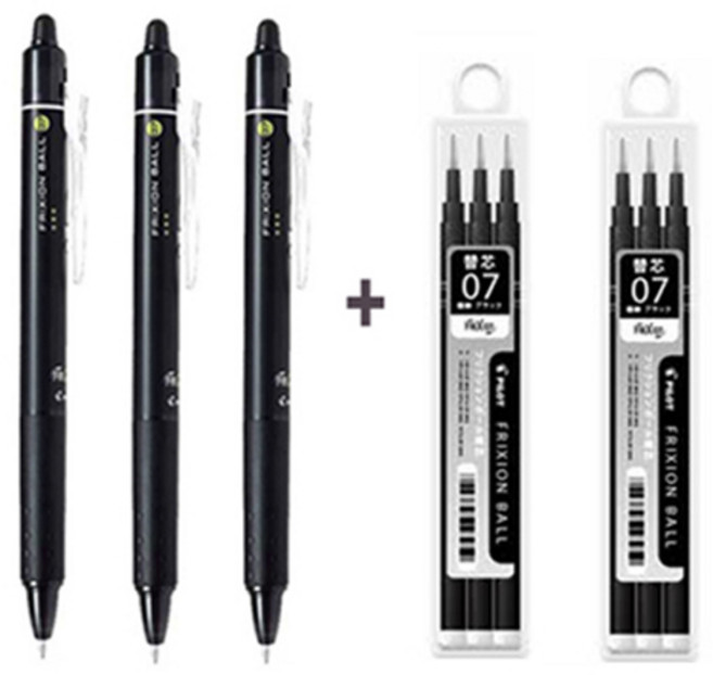 파이롯트 프릭션 노크 지워지는 볼펜, 0.7mm흑색 3자루+리필(3본입)2개 세트
