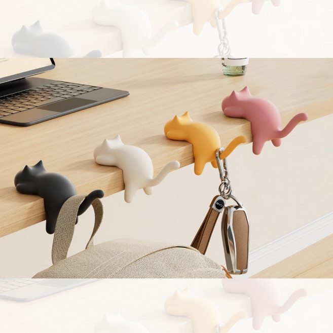 땡구네 귀여운냥이 책상가방걸이 다용도잡화걸이, 1세트, 핑크,옐로우,화이트,블랙