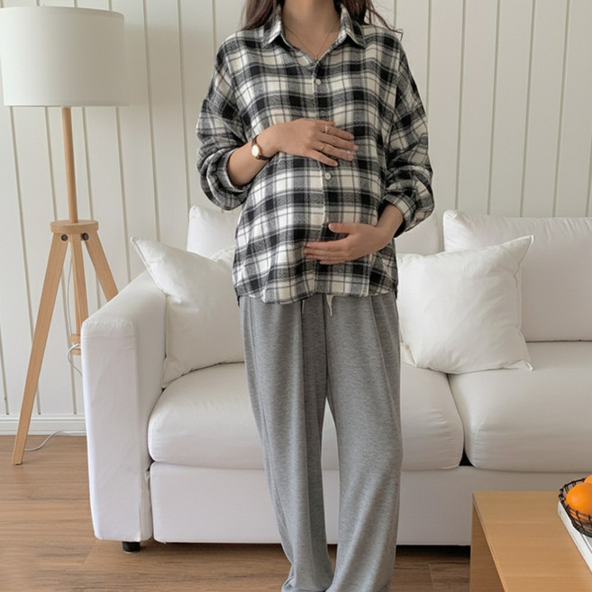 [당일출고] 수엠W 임부 체크 남방 셔츠 출산 전후 루즈핏 빅사이즈 데일리 셔츠 B048 심체크남방