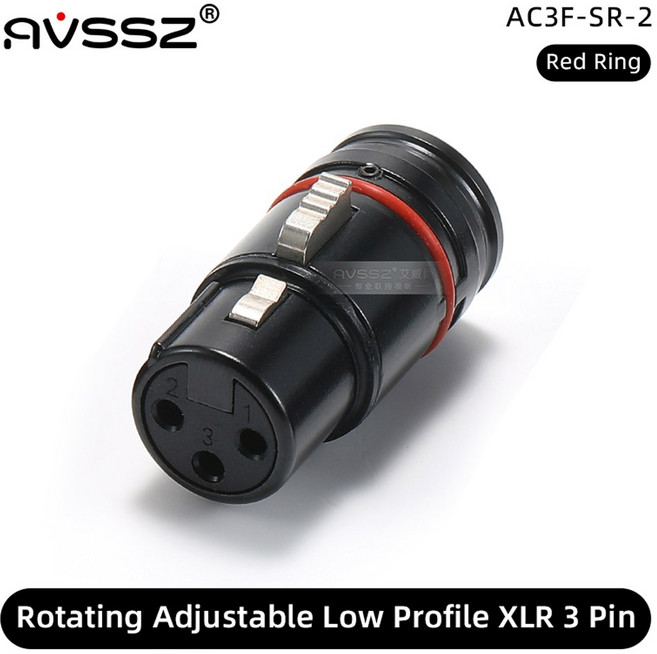AVSSZ 로우 프로파일 3핀 XLR 케이블 커넥터 90 마이크 오디오 믹서 헤드폰 앰프용 렌치가 있는 360도 회전식 플러그, Female XLR Red Ring, 1 PCS