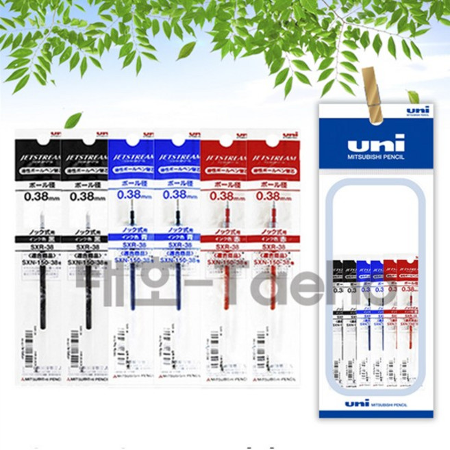 uni 제트스트림 단색 볼펜 리필 흑/청/적 0.38mm 세트, 1개, 0.38mm 리필 흑2개+청2개+적2개