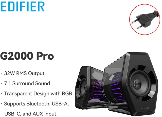 에디파이어 G2000 Pro 데스크탑 2.0채널 PC 스피커 게이밍 RGB 무드등 블루투스 V5.4 USB+AUX 입력 7.1, 01 China Mainland, 02 Black