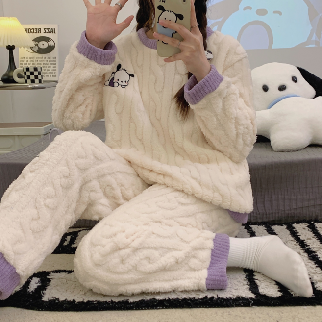 DEEK 冬季剪花絨加厚休閒睡衣女長袖 加絨保暖家居服套裝