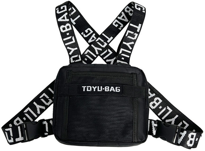 패션 체스트리그 가방 조절 가능한 앞가슴 팩 러닝 조끼 야외 힙합 여행, Black, 1개