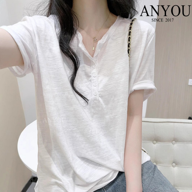 ANYOU 화이트 나른한 바람 슬라브 루즈핏 티셔츠 여성복 여름 반팔 어깨 디자인감 캐주얼 얇은 상의
