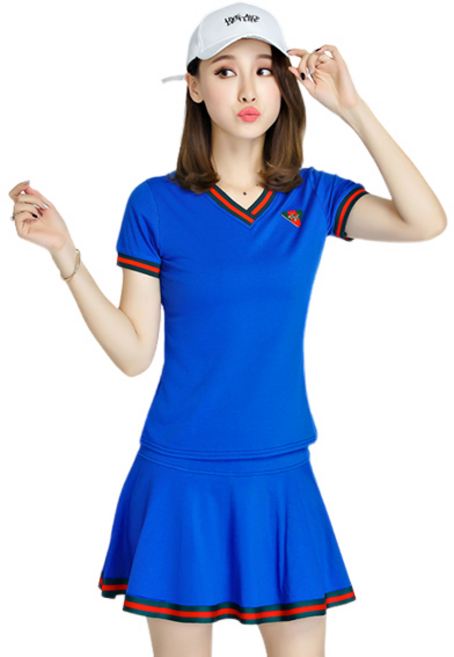 여성 트레이닝복 반소매 스커트 세트 테니스복 ~3XL, 블루