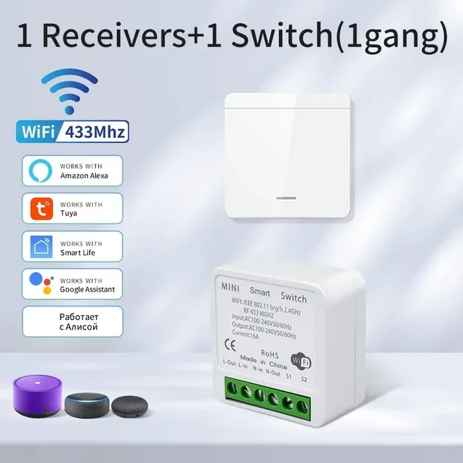 Tuya 스마트 WiFi 스위치 수신기 RF433MHz 무선 패널 가전 제어 모듈 Alexa Google Assistant, 05 1 Receiver 2 Switch