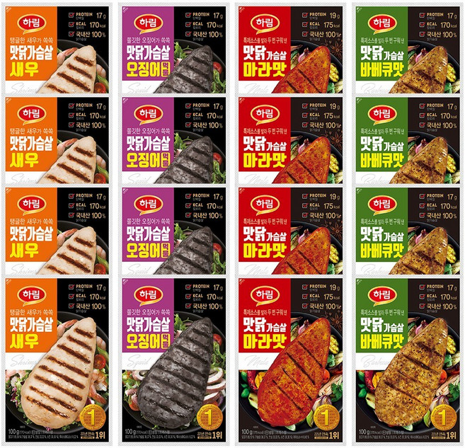 하림 맛닭가슴살 4종 100g(바베큐+마라+새우+오징어)각 4봉씩, 100g, 1개