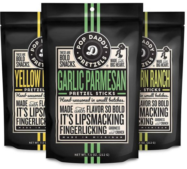POP DADDY ·POPCORN· 디핑 소스 팝 대디 맛 프레첼 스틱 건강한 고메 7.5온스 다양팩 6개입 마늘 파마산 시나몬 슈가 페퍼콘 랜치 훈제 구다 딜 피클 노란, 마늘 파르메산 / 랜치 / 머스타드, 7.5 온스 (3개 묶음)