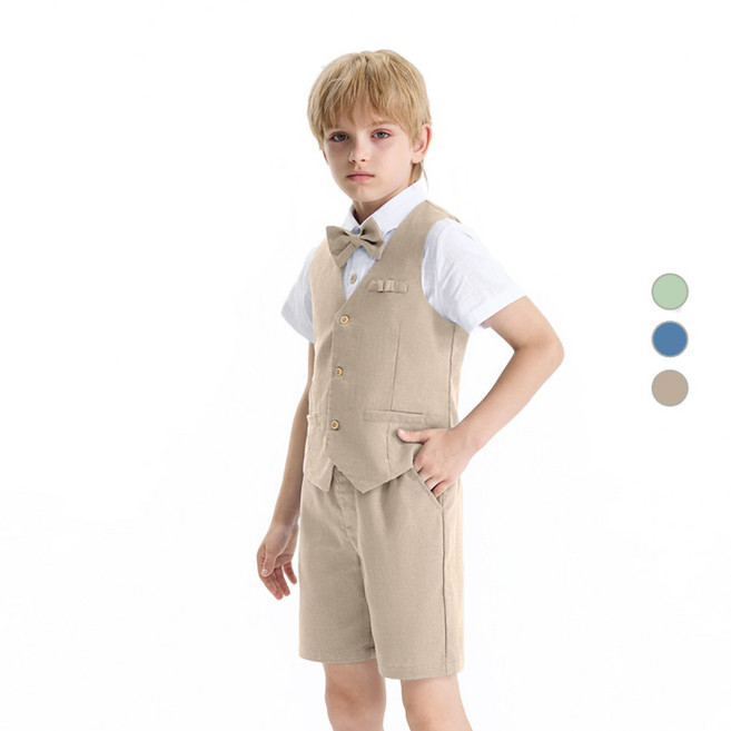 LOlanta 남아용 여름 조끼 정장 세트 린넨 조끼 반팔 셔츠 반바지 보우타이 4종 세트 주니어 아동 화동룩