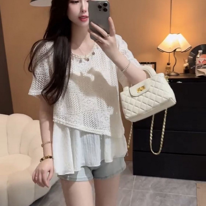 波西米亞風女外穿長袖無袖上衣高腰半身兩件套, 1個, 杏色短袖上衣M 建議95-105斤身高155-168