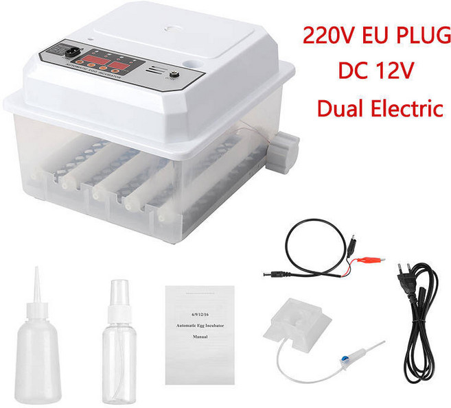 병아리 부화기 16 계란 인큐베이터 듀얼 전기 터닝 농장 가금류 닭 거위 오리 새를위한 완전 자동 미니 가정용 Brooder, 옵션01) 220V DC 12V, 1개
