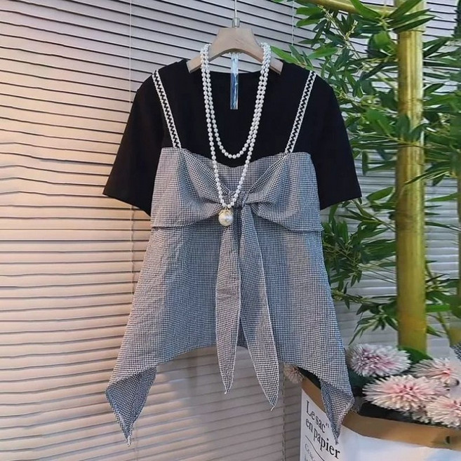 미중 여성 여름 뉴 리본 투인원 빅사이즈 패션 젊은 라운드넥 반팔 cy