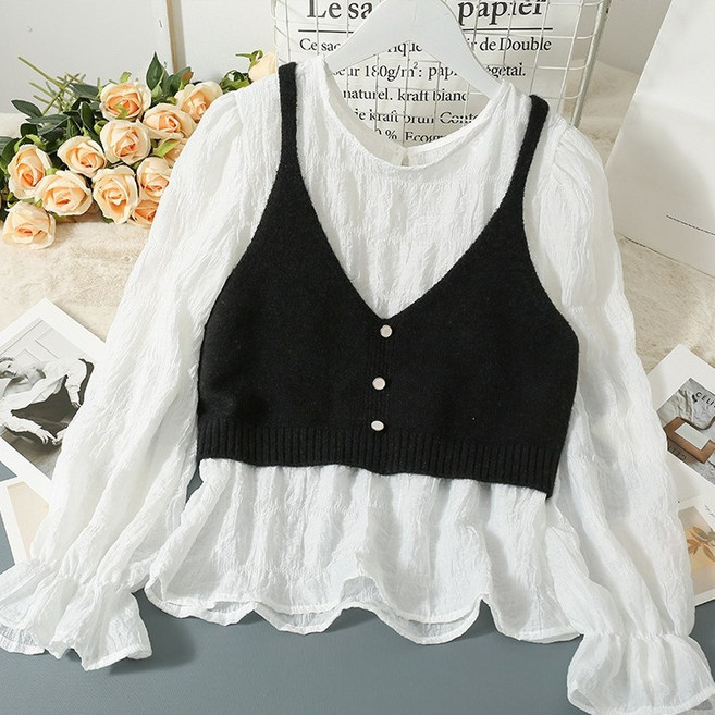 안녕릴리 여성 레이어드 버튼 크롭 니트 캐미솔