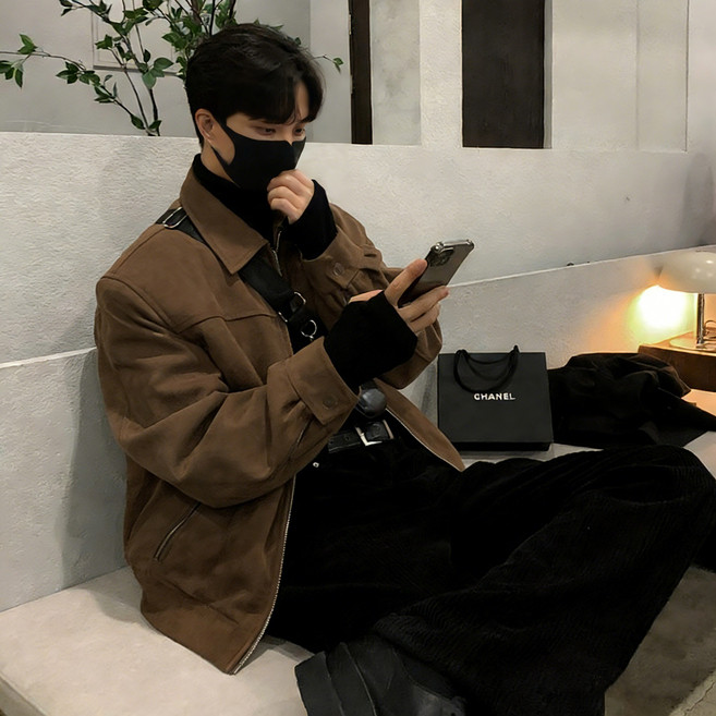 ANYOU 남성 스웨이드 숏 자켓 루즈핏 캐주얼 점퍼