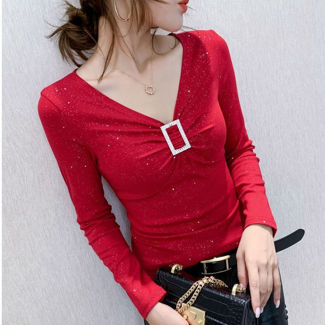 페이준 브이넥 라인댄스 상의 긴팔 블라우스 큐빅 댄스복 상의 섹시 슬림핏 티셔츠 1391A