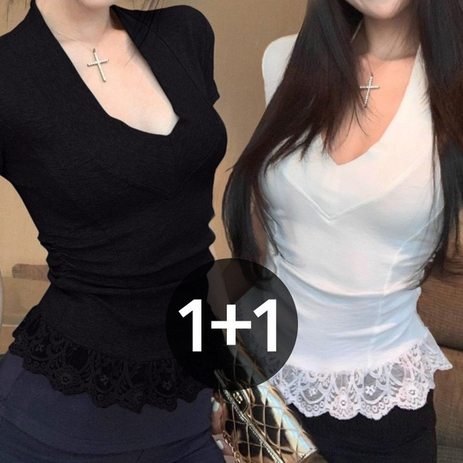 아이엠몽 여성 슬림핏 브이넥 셔링 반소매 티셔츠 세트