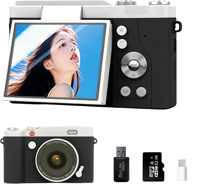 빈티지 디지털 카메라 Y2k 디지털 카메라 6400만 4K 사진기 16배줌 SD카드 USB포함, 블랙