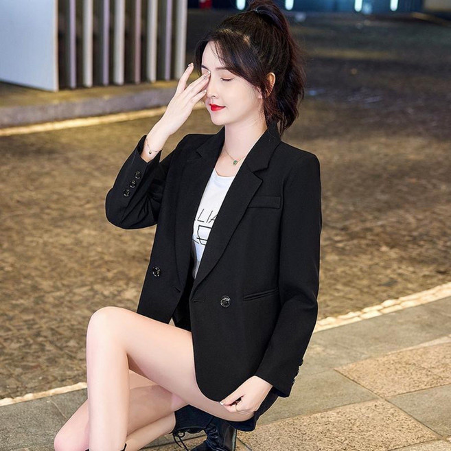 黑色小西裝外套女短款2066新款春秋休閒高級感西服上衣雙排扣