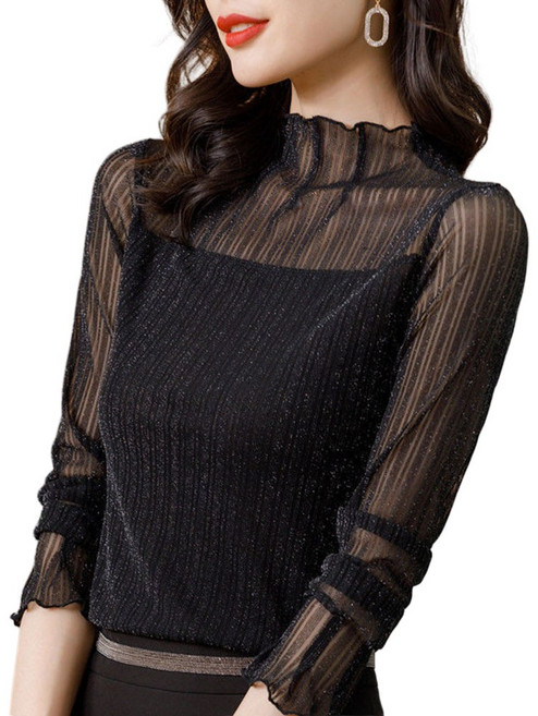 ROYALBELLE 여성 반폴라 긴팔 이너 티셔츠 슬림핏 망사 시스루 데일리 블라우스 X32507