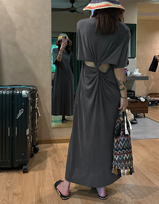 등 오픈 반팔원피스 통통한 여성 빅사이즈 150KG까지 여름 루즈핏 섹시한 롱원피스 ~4XL까지 2컬러