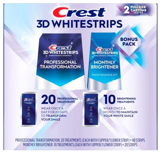 Crest 3D White strips 크레스트 3D 화이트스트립 20가지 전문 트리트먼트+10가지 브라이트닝 트리트먼트 총60개, 60개, 1g - 쿠팡