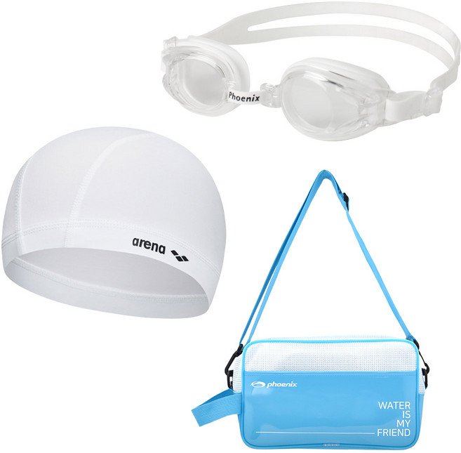 생존수영 키트 아레나 스판 수모+피닉스 아동 수경 PN-509J+피닉스 가방 PSB-500, 1개, 수경 화이트, 가방 블루