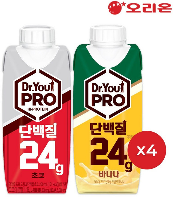 오리온 닥터유 프로 드링크 단백질 초코맛(250ml)+바나나맛 각4팩, 250ml, 8개