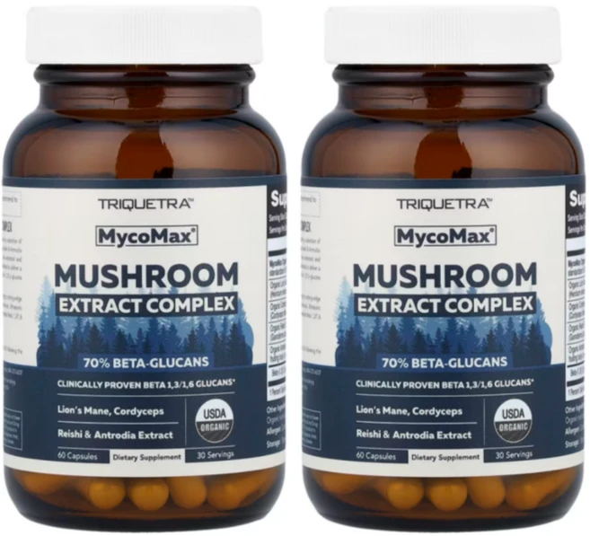 Triquetra Health MycoMax 70% 베타글루칸 버섯 복합 추출물 캡슐 (노루궁뎅이/동충하초), 2개, 60정 - 쿠팡