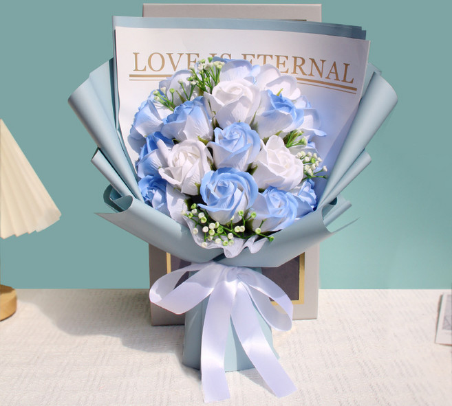 ONAKY 졸업식 장미 비누 꽃다발 + 선물상자 시들지 않는 졸업 선물, 푸른색