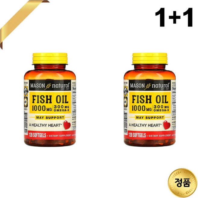 1+1 Mason Natural 피쉬오일 1000mg 120 소프트젤 오메가3 비타민E, 120정 - 쿠팡