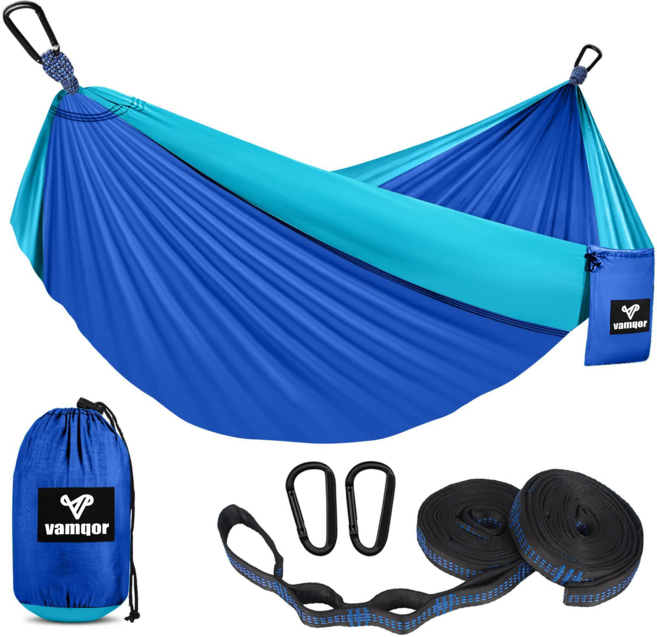 더블 해먹 230kg - 나무보호 스트랩+카라비너 210T 파라슈트 나일론 초경량 캠핑 해먹 (2인용) 270x140cm, 블루