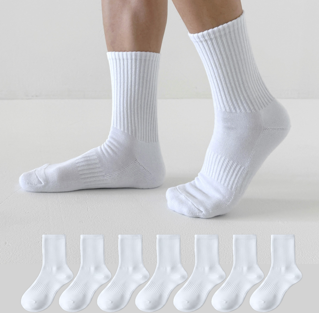 래비뜨 남성용 두툼한 이중쿠션 스포츠 장목 양말 7켤레, 1세트, 화이트