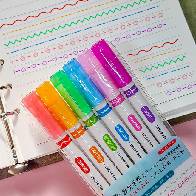 다꾸용 매직 패턴 라인 롤러 펜 세트, 1개, 더블 6색+형광펜6색
